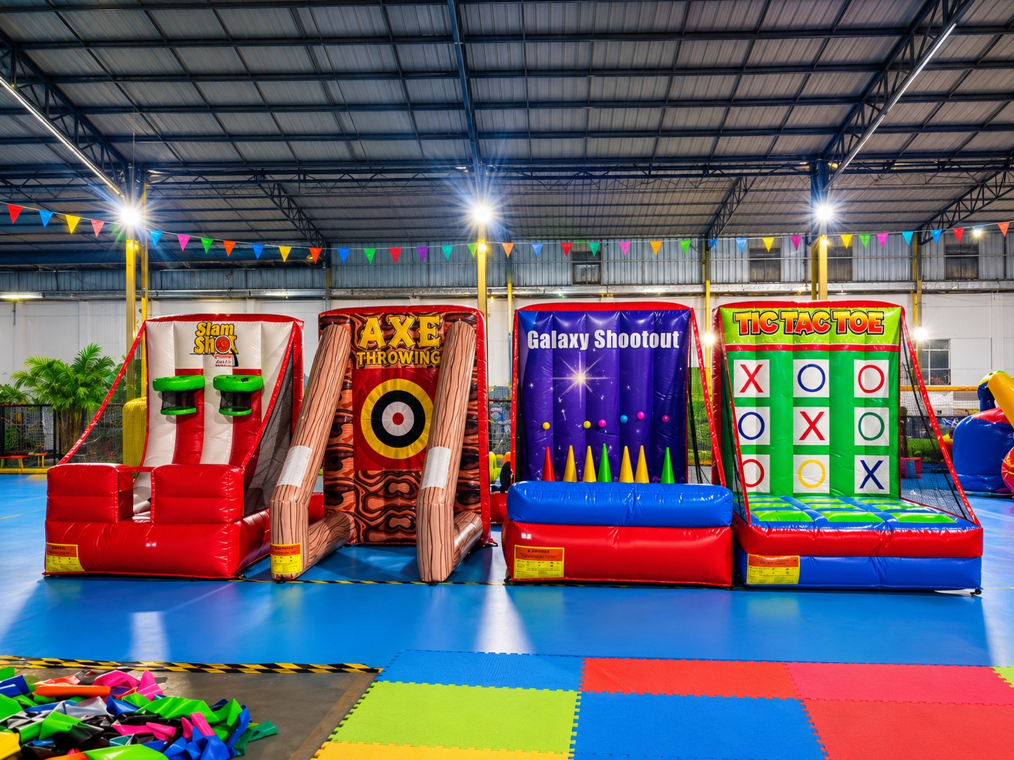 4-in-1 Inflatable Carnival Challenge attraction set up at an outdoor event